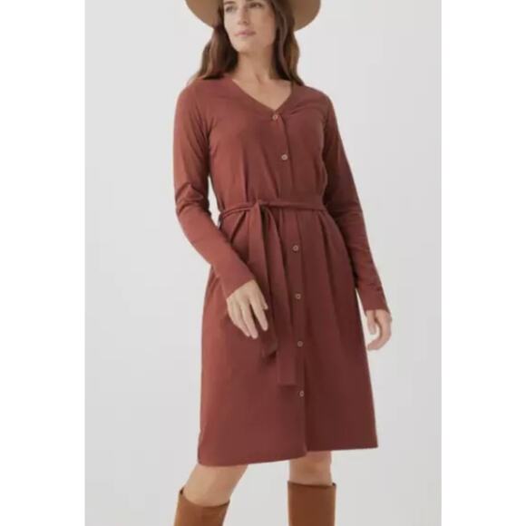 PACT Seaside Linen Long Sleeve Button Front Tie Waist Dress Rust XS - Picture 1 of 8